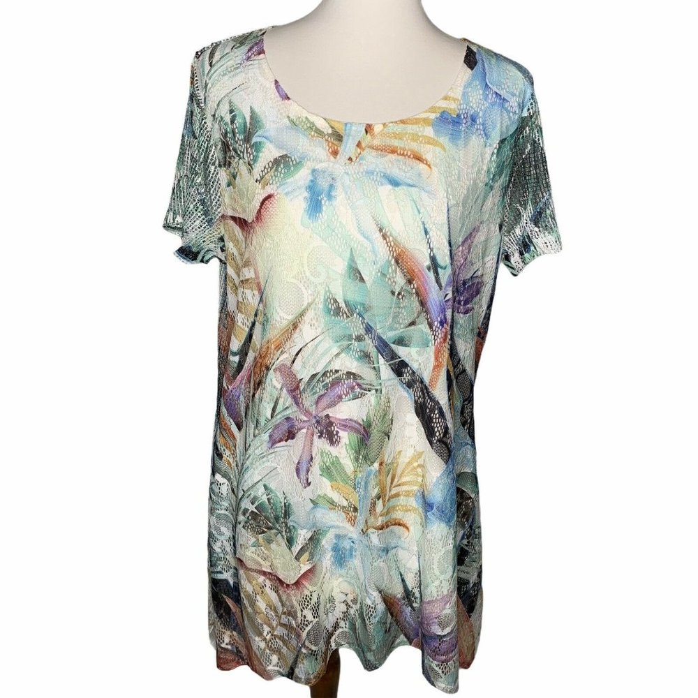 Creation Floral Dress Mesh Overlay Lined Size Large Vacation Cruise
